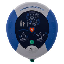 A blue and white defibrillator