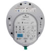 The back of a white defibrillator showing the labels and serial numbers