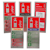 Five metallic fire safety signs displayed side by side, each with red and silver backgrounds. The signs label different fire safety equipment: Water, Carbon Dioxide, Foam Spray, ABC Powder, and Fire Blanket.