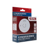 Packaged hispec longlife optical smoke alarm shown from an angled view with clear product details visible on the box