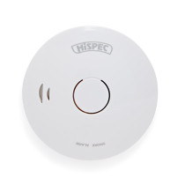 Front view of a hispec longlife optical smoke alarm showing the circular shape and central button