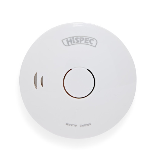 Front view of a hispec longlife optical smoke alarm showing the circular shape and central button