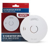hispec longlife optical smoke alarm shown next to its retail packaging with red, blue and white colours
