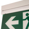 Close up of hispec 3w emergency sign light self test showing part of the white arrow on green background and light casing