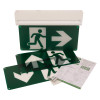 hispec 3w emergency sign light self test showing the main light fixture with multiple directional sign panels and instruction leaflet