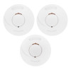 Three round devices from the radio interlinked sealed battery 2 smoke 1 heat alarm kit shown together on a white background