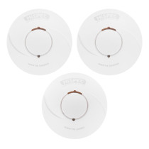 Three round devices from the radio interlinked sealed battery 2 smoke 1 heat alarm kit shown together on a white background