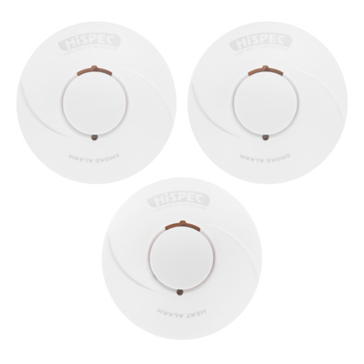 Three round devices from the radio interlinked sealed battery 2 smoke 1 heat alarm kit shown together on a white background