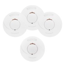 Group of four round white smoke and heat alarms from the radio interlinked sealed battery 3 smoke alarms 1 heat alarm kit