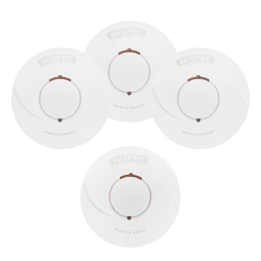 Group of four round white smoke and heat alarms from the radio interlinked sealed battery 3 smoke alarms 1 heat alarm kit