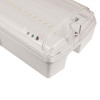 angled close up of the hispec universal led emergency bulkhead showing the light cover and LED strip inside