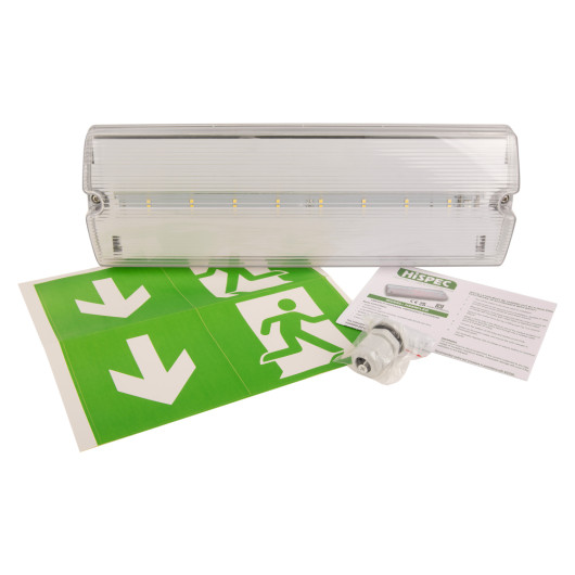 hispec universal led emergency bulkhead with light panel, green arrow stickers, fitting, and instruction leaflet