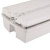 hispec universal led emergency bulkhead light shown from an angled view displaying part of its white plastic casing and clear ribbed cover