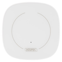 Front view of the hispec mains powered smart vape detector showing the white square device with rounded edges and a central circle