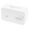 angled view of a hispec 10yr longlife battery carbon monoxide detector in white with label and test button visible