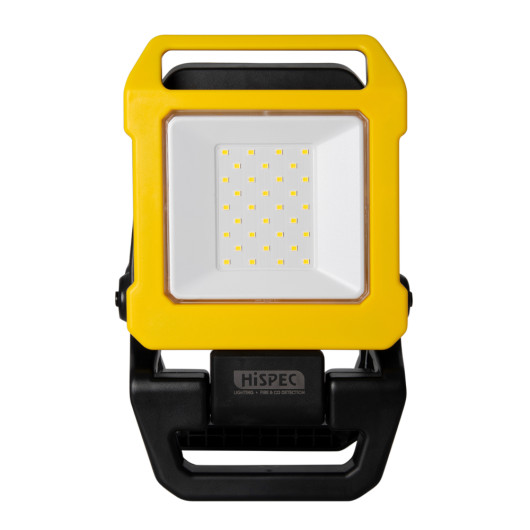 Front view of a hispec 10w rechargeable led site light with a yellow frame and black handle