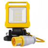 Front view of hispec 20w led work light with yellow frame and attached power plug and cable