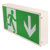 hispec rhine led illuminated exit sign down viewed at an angled side perspective showing white arrow and running figure on green background