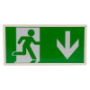 Front view of hispec rhine led illuminated exit sign down showing running figure and downward arrow on green background