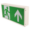 hispec rhine led illuminated exit sign shown from an angled side view with running person and upward arrow on green background