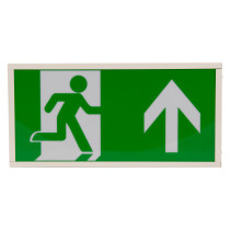 hispec rhine led illuminated exit sign showing running figure and arrow pointing upwards on green background