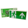 hispec rhine led illuminated exit sign with running figure and arrow shown with its packaging box