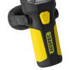Close up of the hispec 3 1w led rechargeable torch showing the yellow power button and logo on the black and yellow body