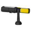 hispec 3 1w led rechargeable torch shown from the side standing on its built-in stand with yellow and black casing