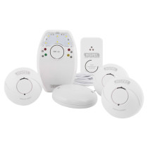 hispec hard of hearing kit 2 smoke 1 heat 1 co group front showing five white devices with buttons and indicators