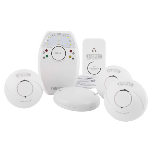 hispec hard of hearing kit 2 smoke 1 heat 1 co group front showing five white devices with buttons and indicators