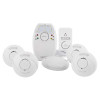 hispec hard of hearing kit 3 smoke 1 heat 1 co showing six white round and rectangular devices grouped front facing