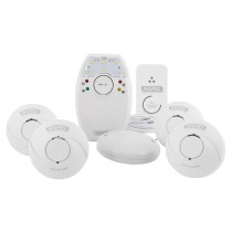 hispec hard of hearing kit 3 smoke 1 heat 1 co showing six white round and rectangular devices grouped front facing