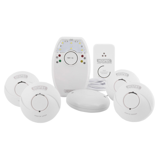hispec hard of hearing kit 3 smoke 1 heat 1 co showing six white round and rectangular devices grouped front facing
