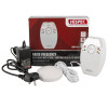 hispec deaf aid kit shown with main unit, adapter plug, round vibrating pad and product packaging in the background