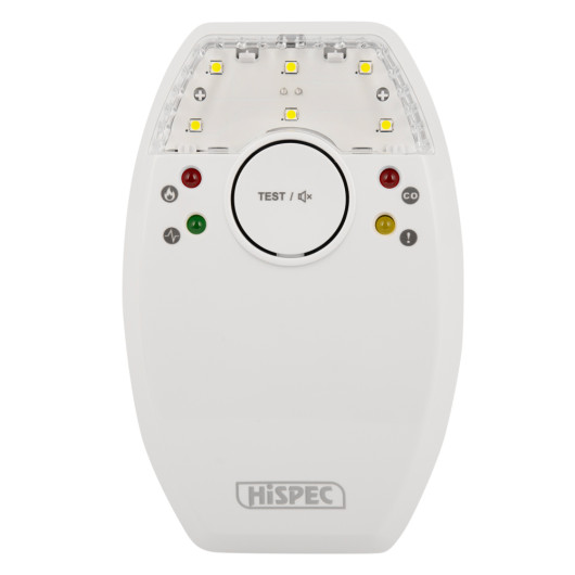 hispec deaf aid kit showing a white device with a central test button and several indicator lights including a strobe section