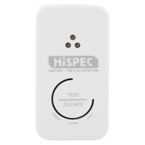 Front view of the hispec rf pro carbon monoxide alarm showing buttons and indicator lights