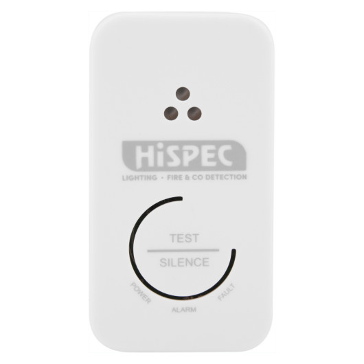 Front view of the hispec rf pro carbon monoxide alarm showing buttons and indicator lights