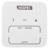 Front view of a hispec raio interlinked control unit showing buttons and indicators on a white surface