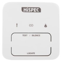Front view of a hispec raio interlinked control unit showing buttons and indicators on a white surface