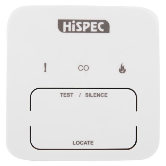 Front view of a hispec raio interlinked control unit showing buttons and indicators on a white surface