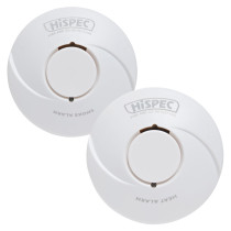 Two round white HiSpec RF Pro alarms, one labelled “Smoke Alarm” and the other “Heat Alarm,” each with a curved front design and central test button.