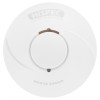 Front view of hispec rf pro smoke alarm showing the central button and part of the surrounding design
