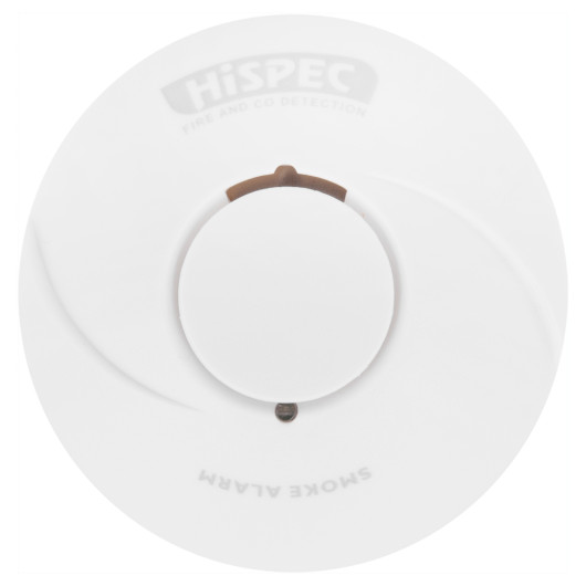 Front view of hispec rf pro smoke alarm showing the central button and part of the surrounding design