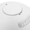 Close-up of the test button on a hispec rf pro smoke alarm in white plastic casing