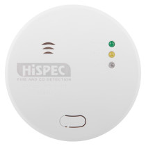 hispec radio frequency mains carbon monoxide detector shown from the front with indicator lights and test reset button visible