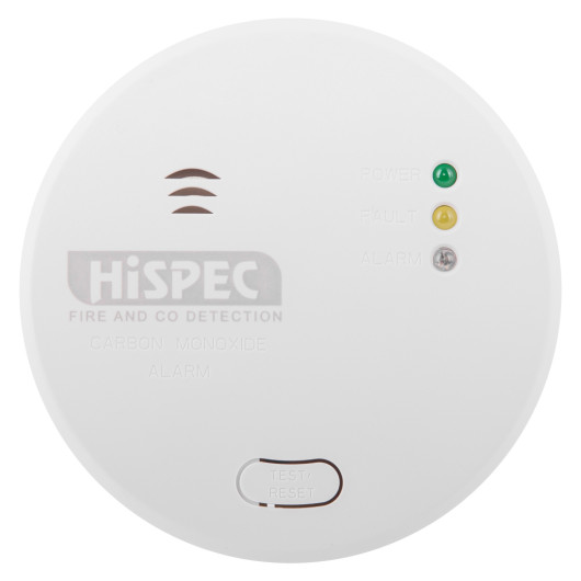 hispec radio frequency mains carbon monoxide detector shown from the front with indicator lights and test reset button visible