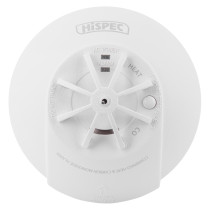 hispec rf combi mains heat carbon monoxide detector shown from the front with visible test button and indicator lights