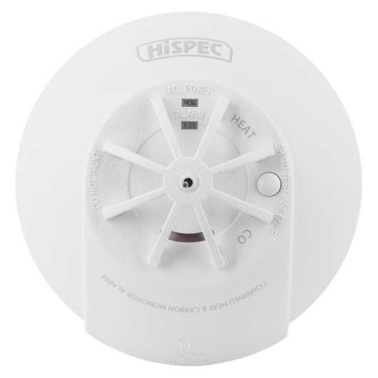 hispec rf combi mains heat carbon monoxide detector shown from the front with visible test button and indicator lights