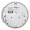 Underside of a HiSPEC wireless heat alarm showing model number HSASA/HE/RF10-PRO, technical specifications, battery details, and safety warnings printed on the label.