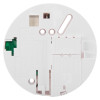 Circular base plate of a smoke detector with labeled electrical terminals, mounting slots, and installation instructions including “SLIDE ON IN THIS DIRECTION” and “WARNING INOPERATIVE UNTIL RE-INSTALLED.